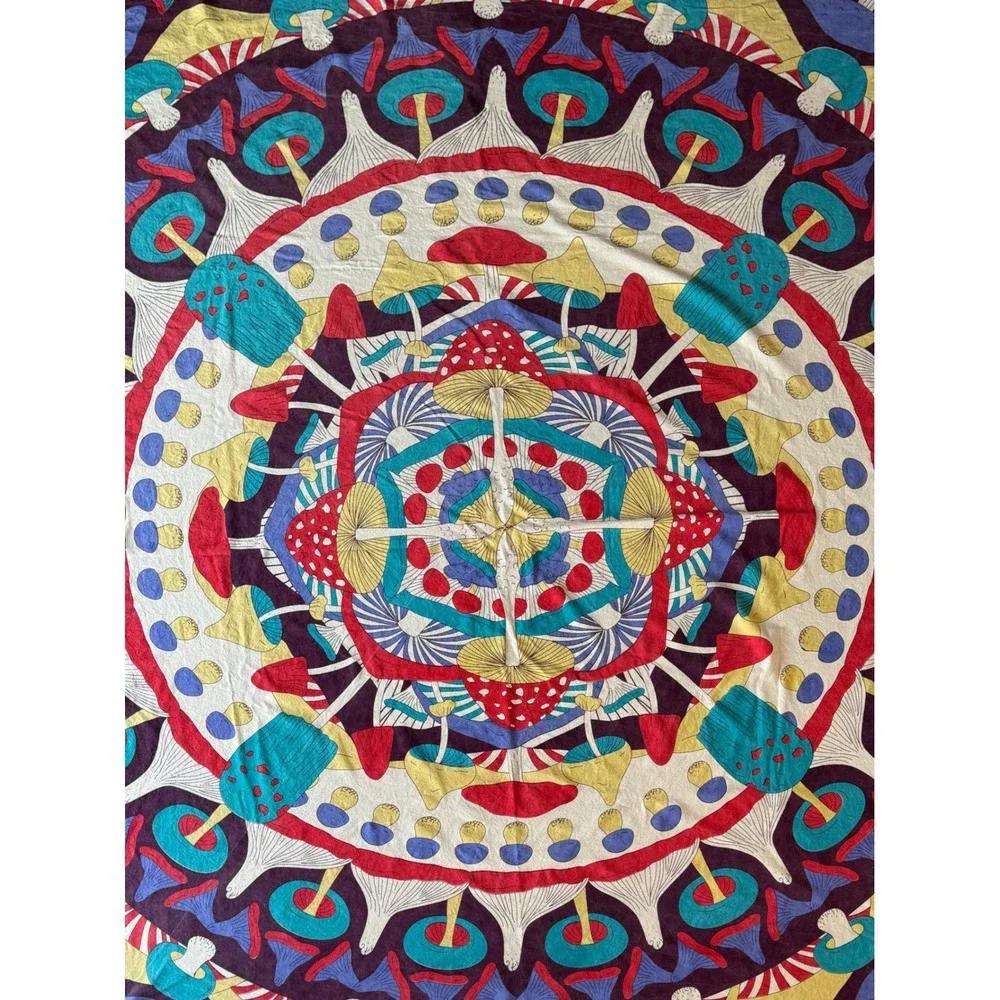 Psychedelic Mushroom Mandala Cotton Tapestry Large Boho Wall Hanging 83x89